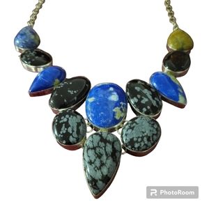 Silver plated blue lapis lazuli, snowflake obsidian stone necklace